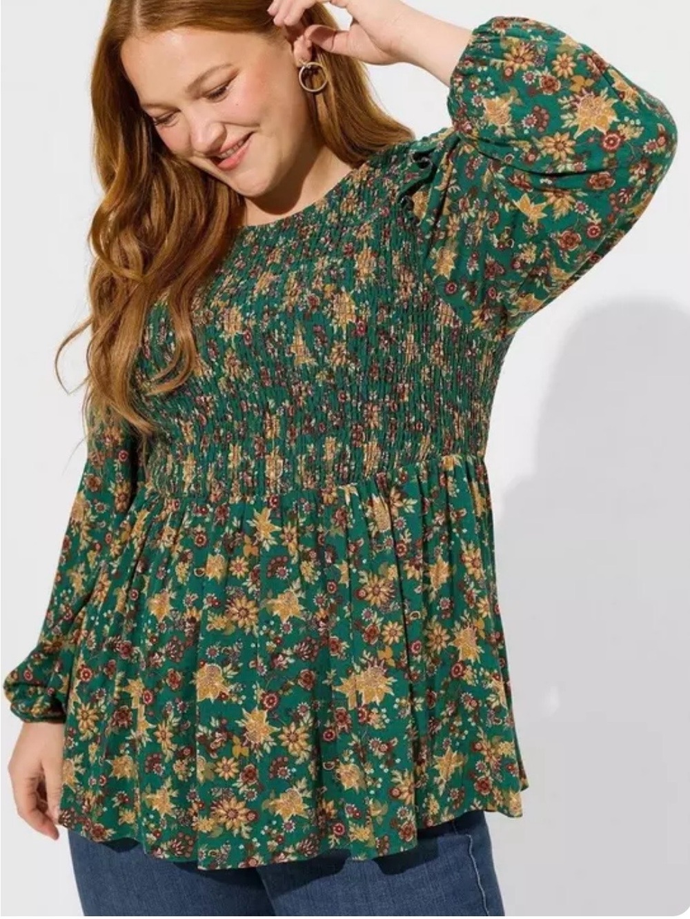 Torrid Teal Floral Smocked Blouse
